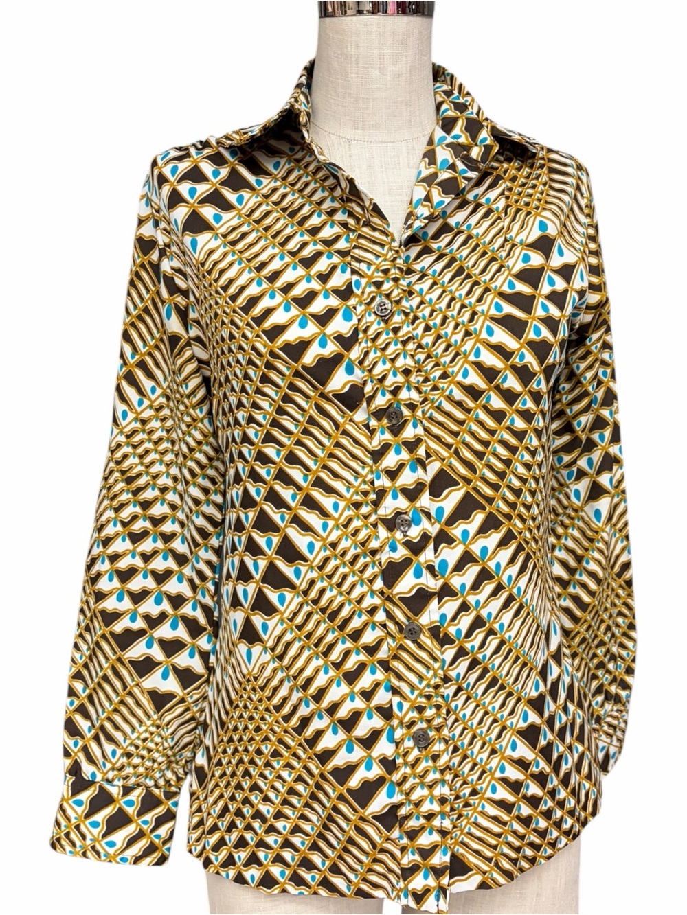 Vintage 70s Gailord Disco Blouse Geometric Print Wide Square Collar Small